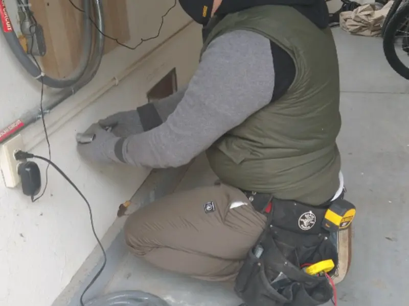 Electrician performing outlet wiring in a Meridian garage
